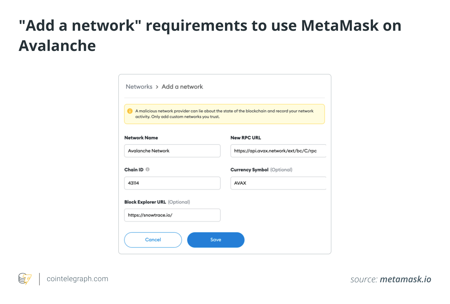 _Add a network_ requirements to use MetaMask on Avalanche