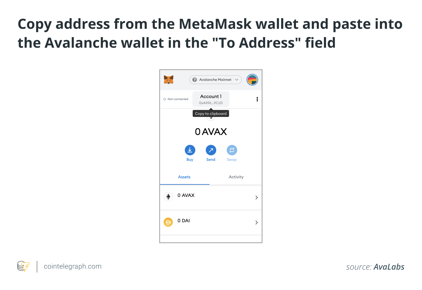 Copy address from the MetaMask wallet and paste into the Avalanche wallet in the _To Address_ field